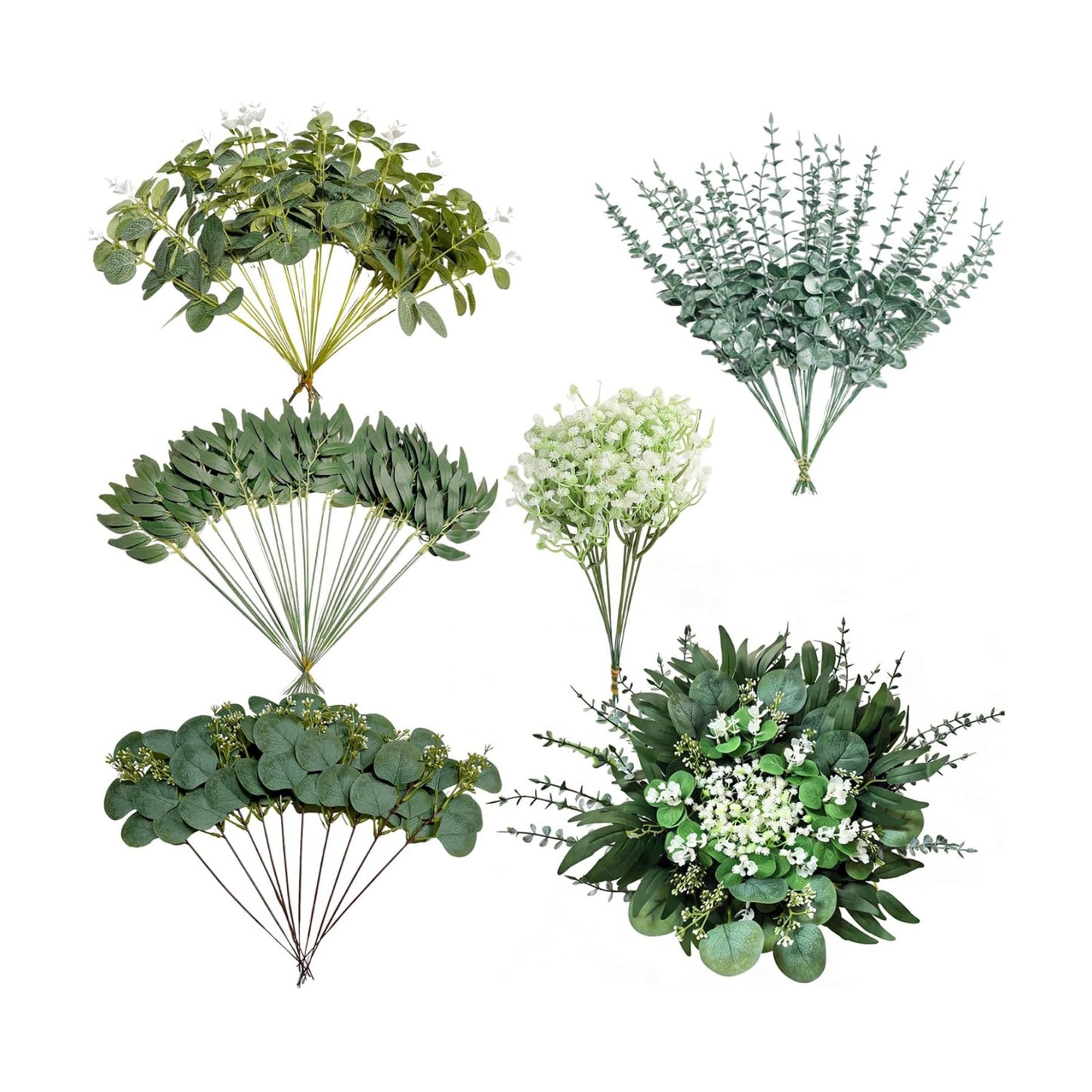 5 Kinds Faux Greenery Stems Bulk / Color 1 / Set of 110