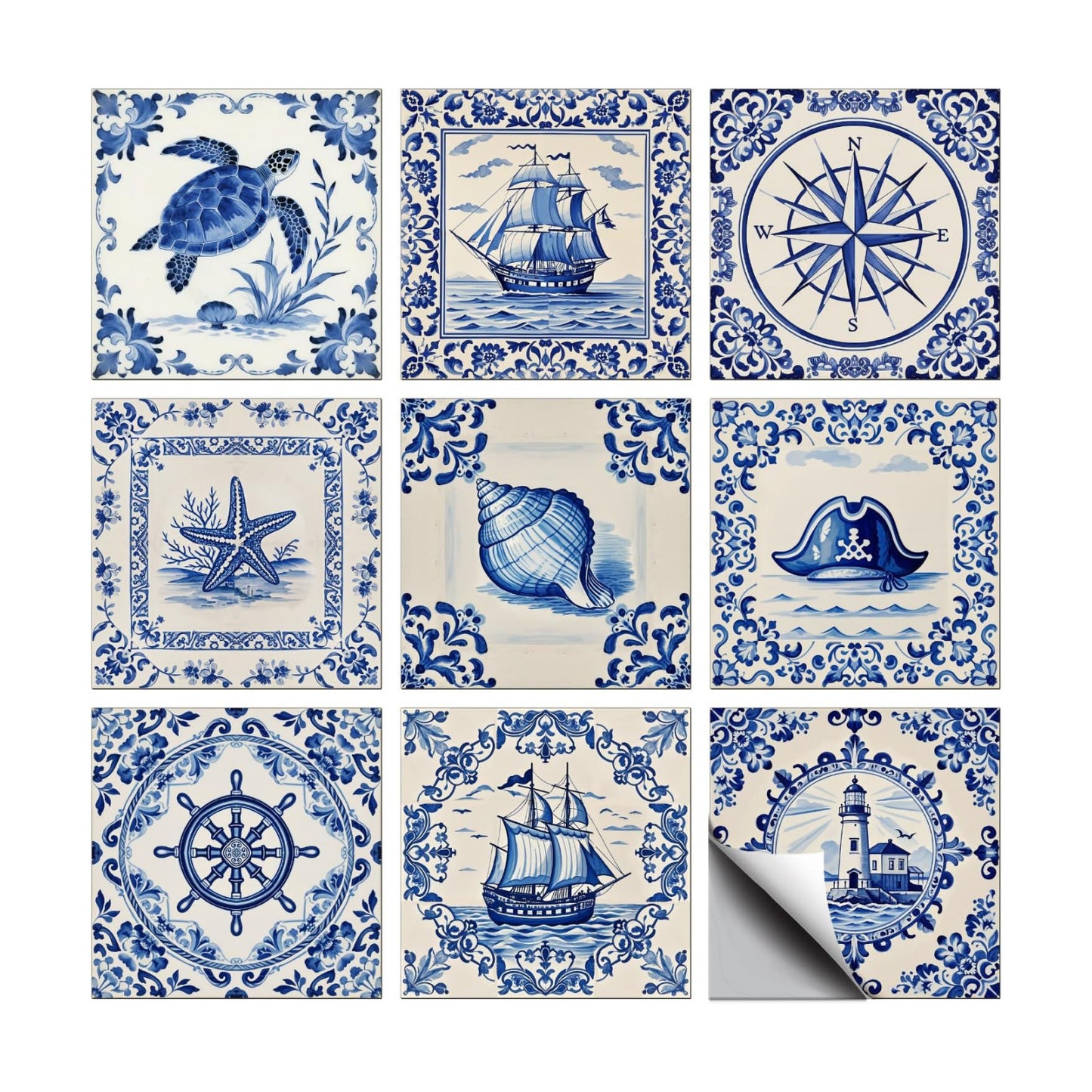 9 Style Vintage Pattern Peel and Stick Wall Tile Sticker Boats / Nautical Elements / Set of 72