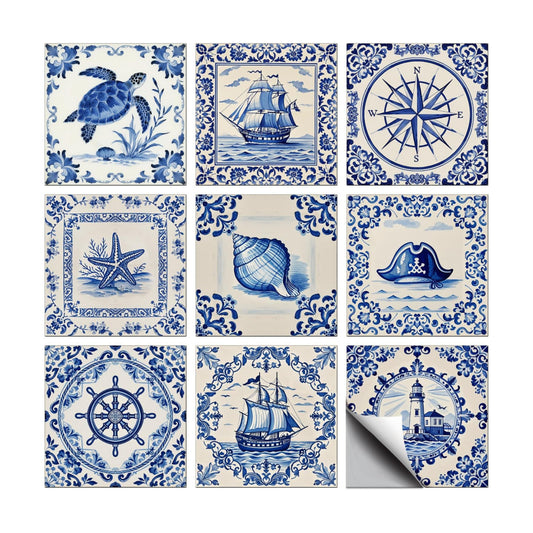 9 Style Vintage Pattern Peel and Stick Wall Tile Sticker Boats / Nautical Elements / Set of 72