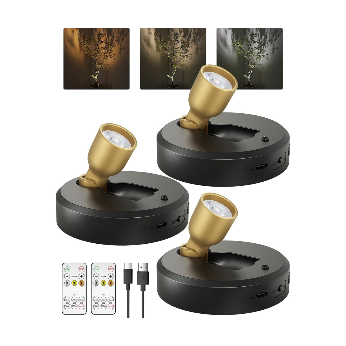 EZVALO 3-Pack Spotlight Indoor, Rechargeable Battery Picture Lights, Wireless Uplights with Remote, Dimmable, 3 Color