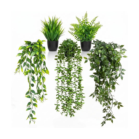 Artificial Hanging Plants & Small Potted Faux Eucalyptus Fern Ivy / 5-pack-5in1 / Set of 5