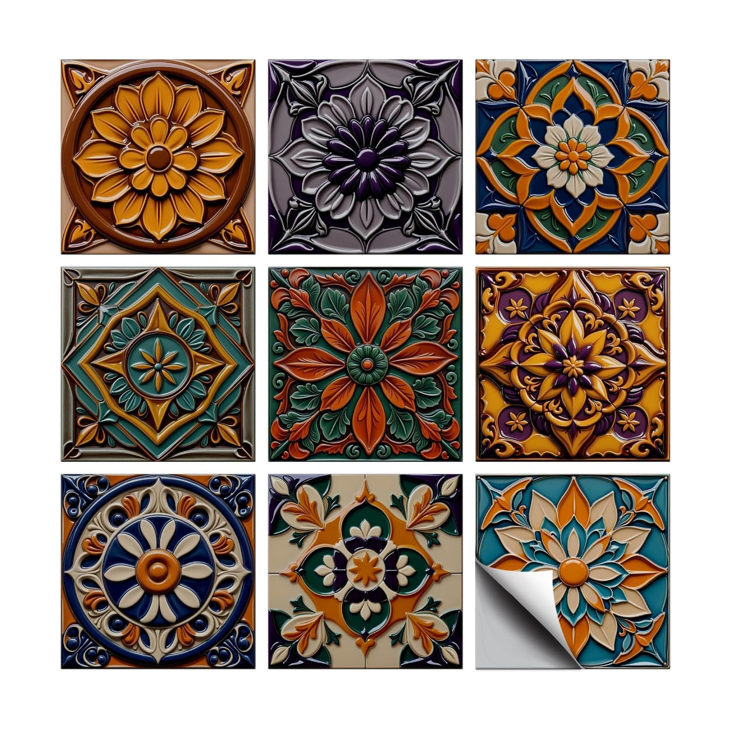 9 Styles Simple Patten Tile Sticker Colorful Floral Patten Wall Tile / Embossed Floral / Set of 36