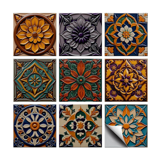 9 Styles Simple Patten Tile Sticker Colorful Floral Patten Wall Tile / Embossed Floral / Set of 36
