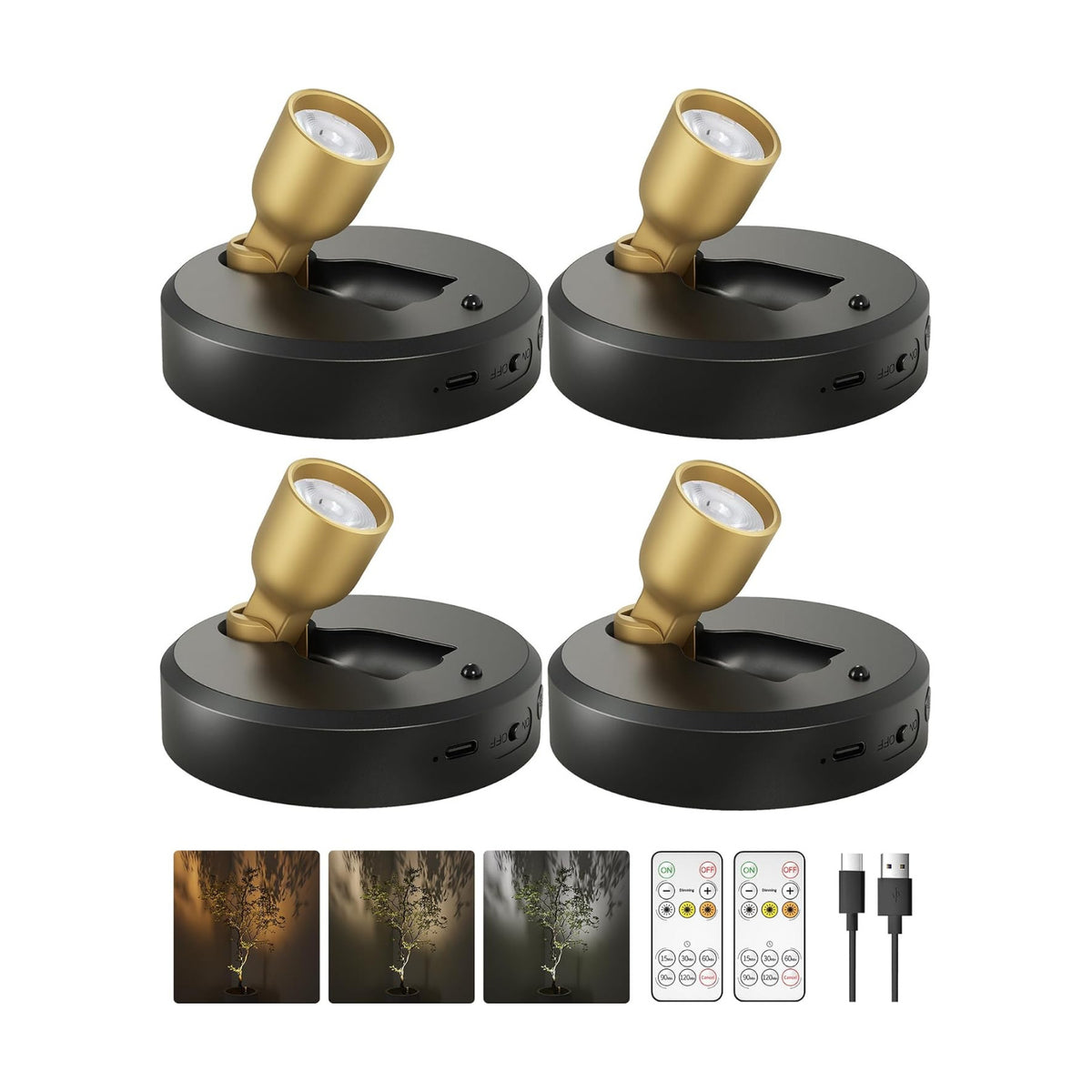 EZVALO 4-Pack Spotlight Indoor, Rechargeable Battery Picture Lights, Wireless Uplights with Remote, Dimmable, ⁠3 Color