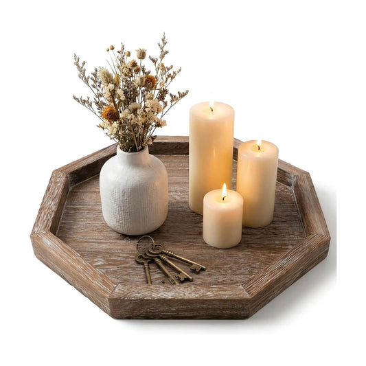 Rustic Candle Holder Plate Boho Wooden Decorative Trays / Octagon / Set of 11