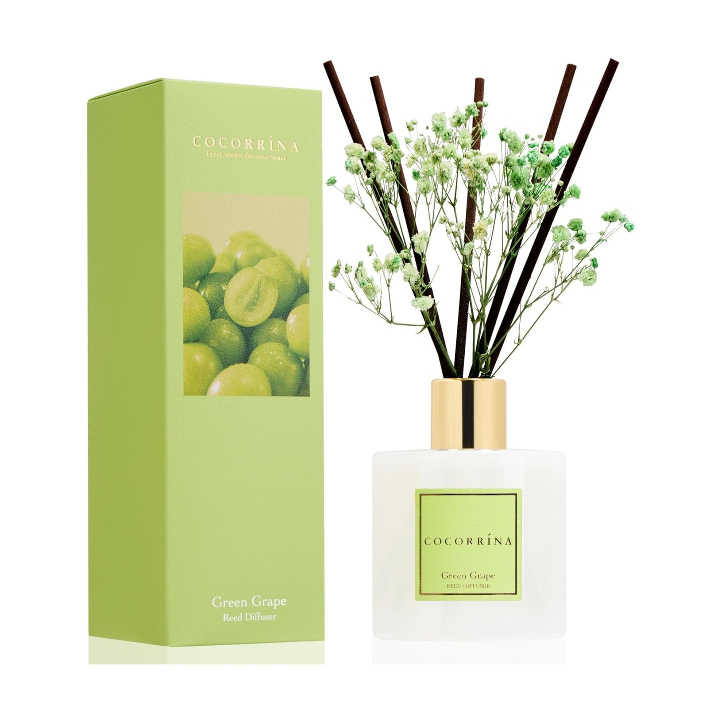 COCORRÍNA Reed Diffuser - Green Grape 6.7 fl oz Reed Diffuser with Sticks, Home Bedrrom Bathroom Shelf Decor
