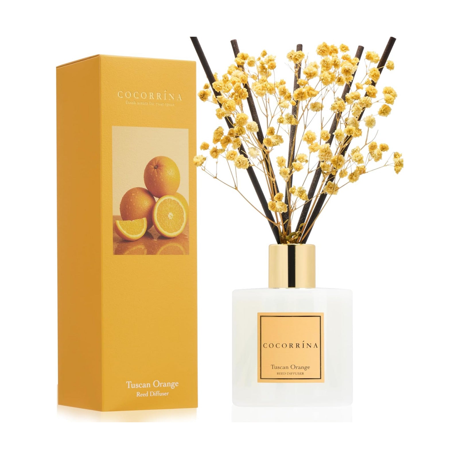 COCORRÍNA Reed Diffuser - Tuscan Orange 6.7 fl oz Reed Diffuser with Sticks, Home Bedrrom Bathroom Shelf Decor