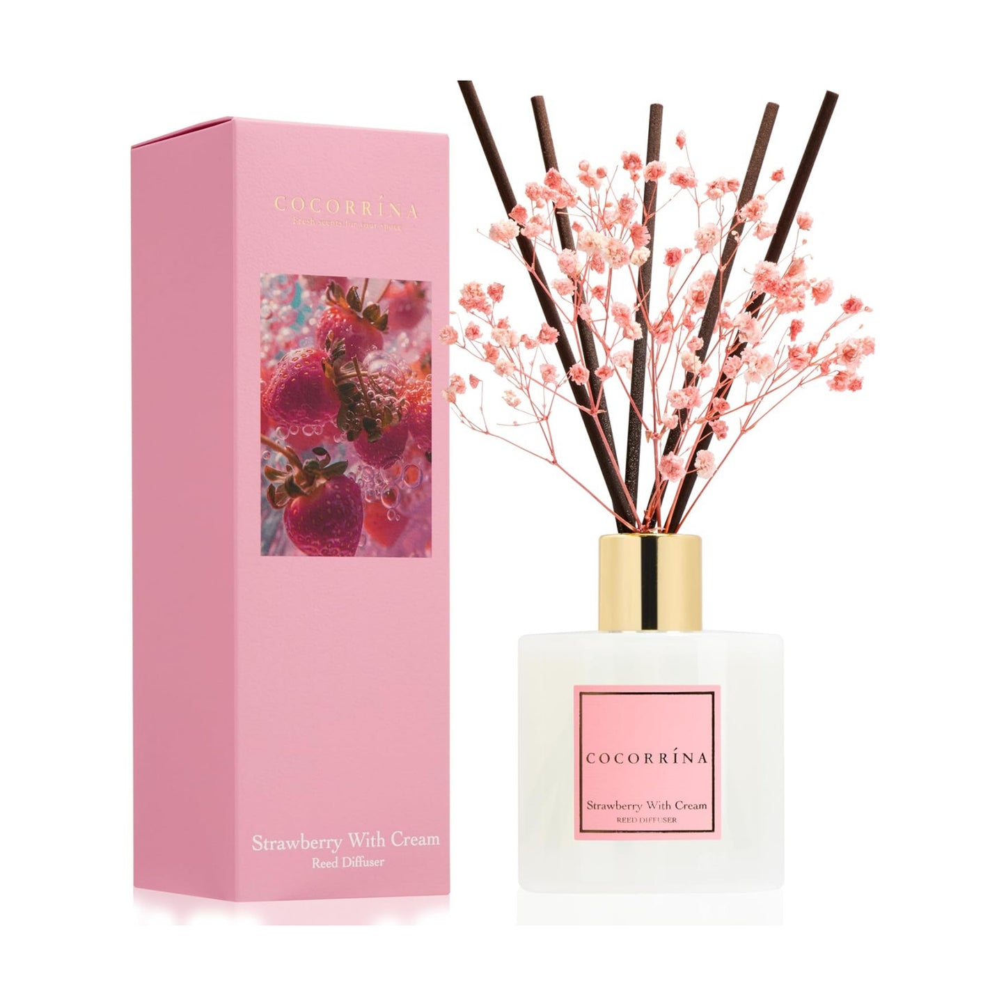 COCORRÍNA Reed Diffuser - Strawberry with Cream 6.7 fl oz Reed Diffuser with Sticks, Home Bedrrom Bathroom Shelf Decor