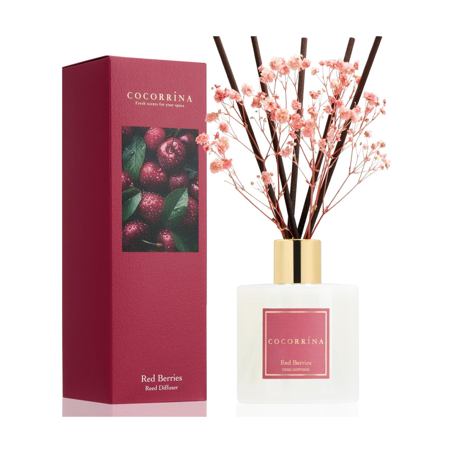 COCORRÍNA Reed Diffuser - Red Berries 6.7 fl oz Reed Diffuser with Sticks, Home Bedrrom Bathroom Shelf Decor