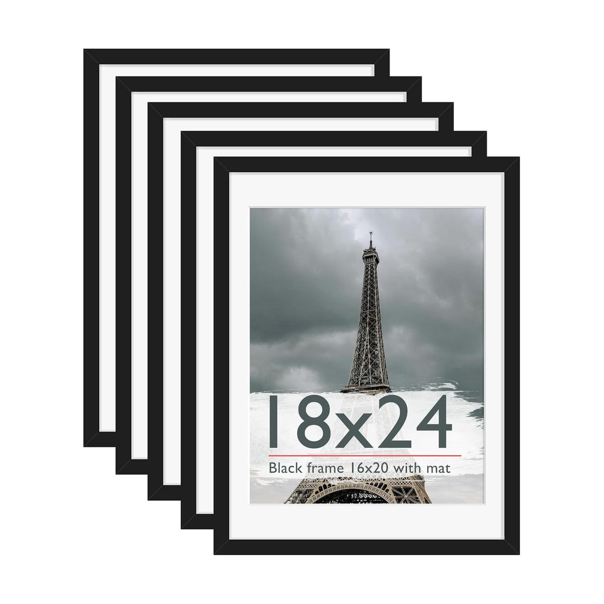 18x24 Frame Black 5 Pack, for Horizontal or Vertical Wall Mounting | Display Pictures 16x20 with Mat or 18 x 24 without