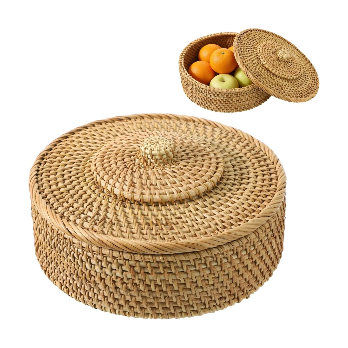 Rattan Basket / Lidded Wicker Storage Basket for Organizing / Natural