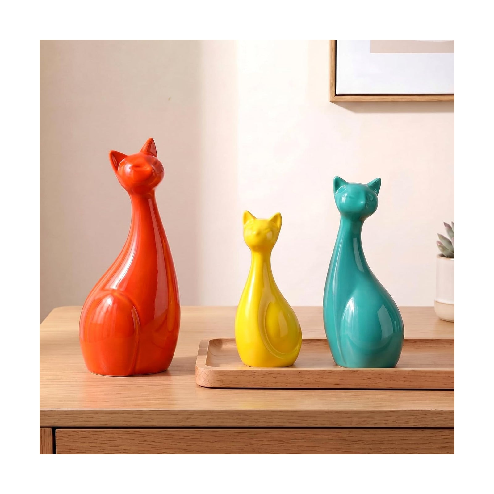 Mid Century Modern Decor Medieval Table Decor Ceramic Cats Blue and Yellow / Orange / Set of 3