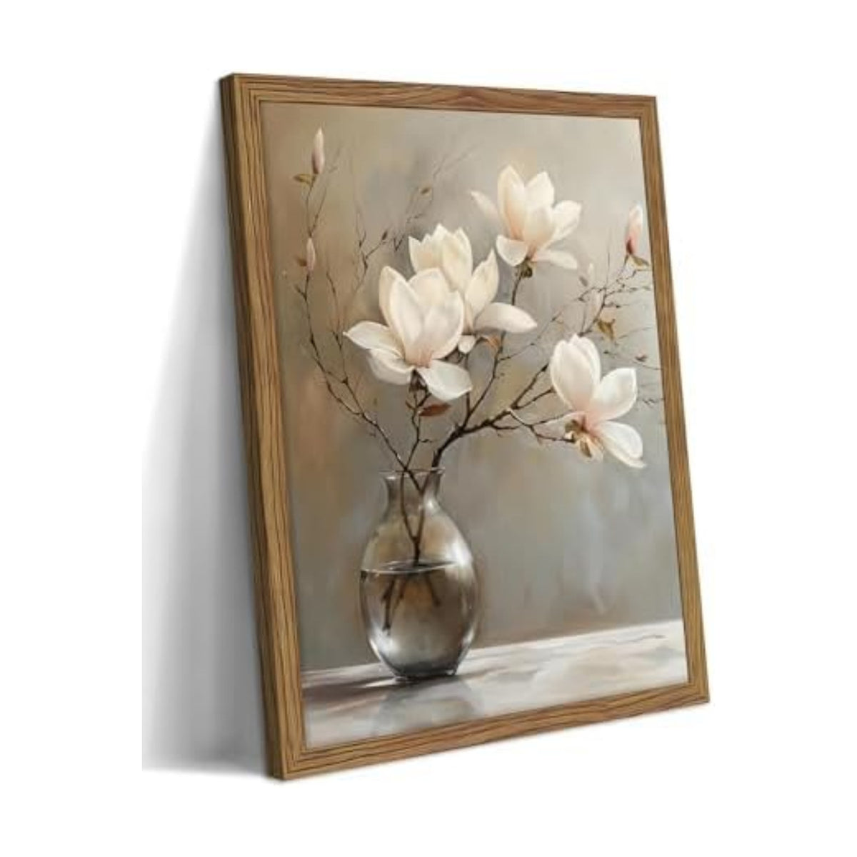 Framed Flower Canvas Wall Art, White Magnolia Branch in Vase Poster Prints, Elegant Nature Still Life Botanical Artwork, Modern Minimalist Wall Decor for Living Room Bedroom Bathroom 12x16in