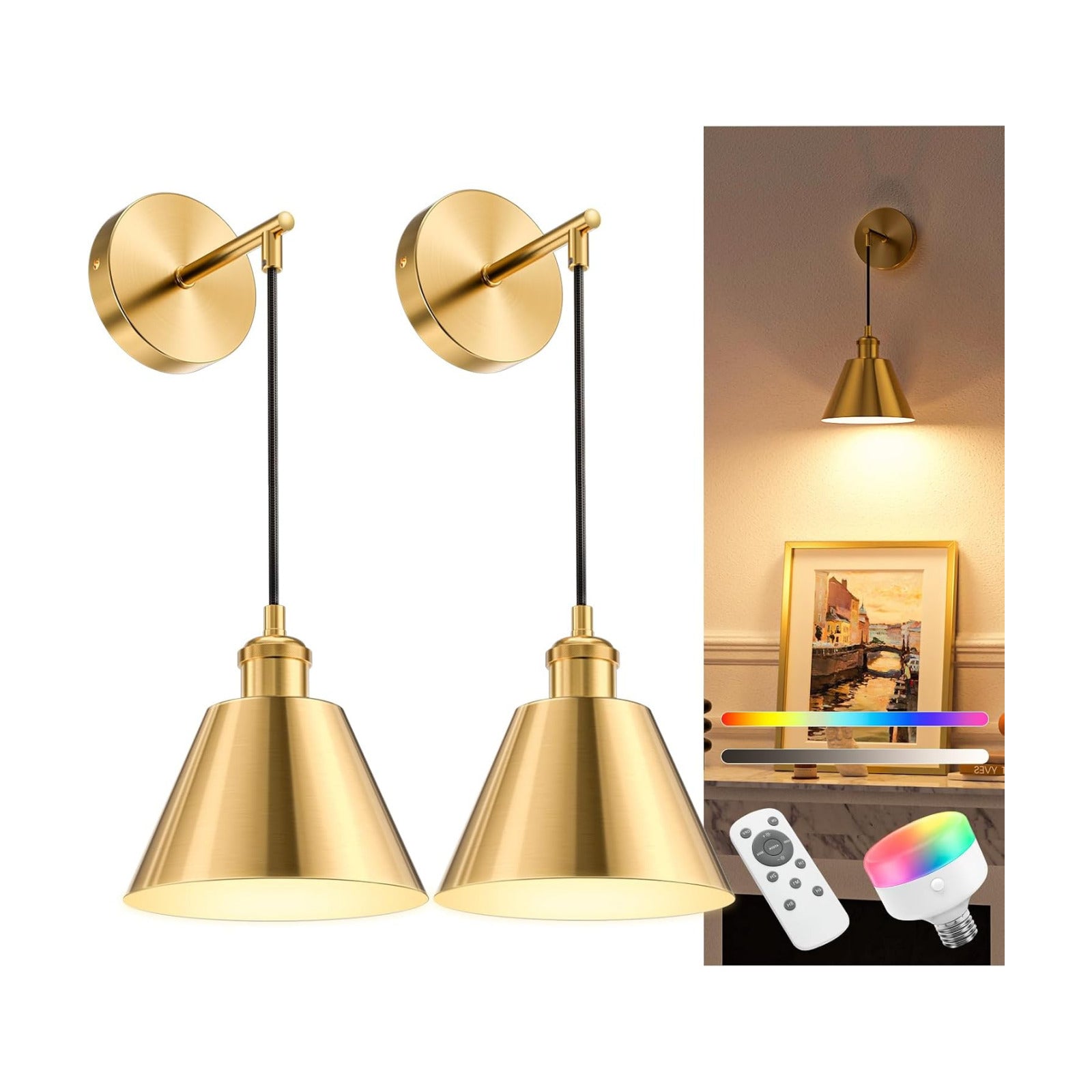 Brushed Gold Battery Operated Wall Sconce Set of 2, 5200mAh Dimmable Detachable Bulbs and Remote Wireless Rechargeable