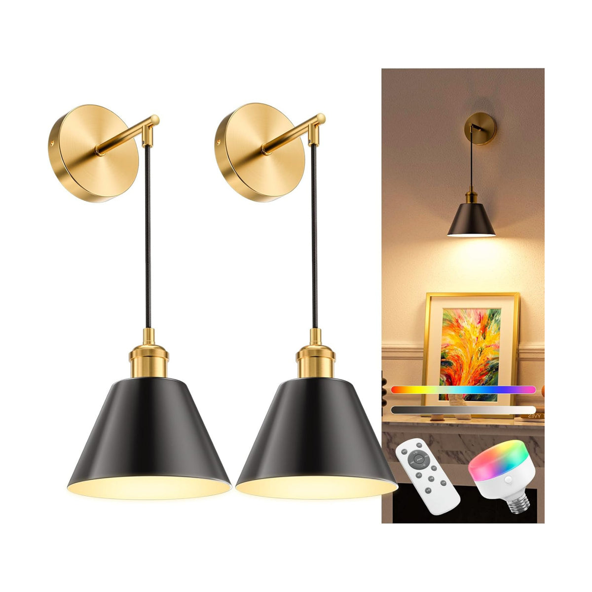 Gold & Black Battery Operated Wall Sconce Set of 2, 5200mAh Dimmable Detachable Bulbs and Remote Wireless Rechargeable