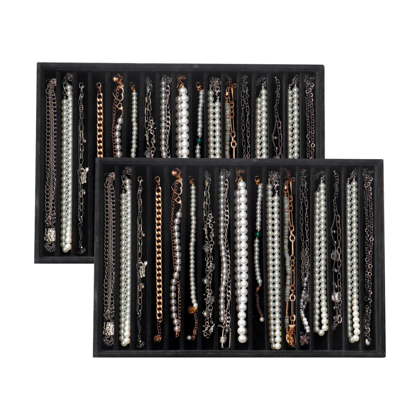 Large Velvet Jewelry Tray Stackable Jewelry Display Drawer Inserts / Black / 16 Grids / Set of 2