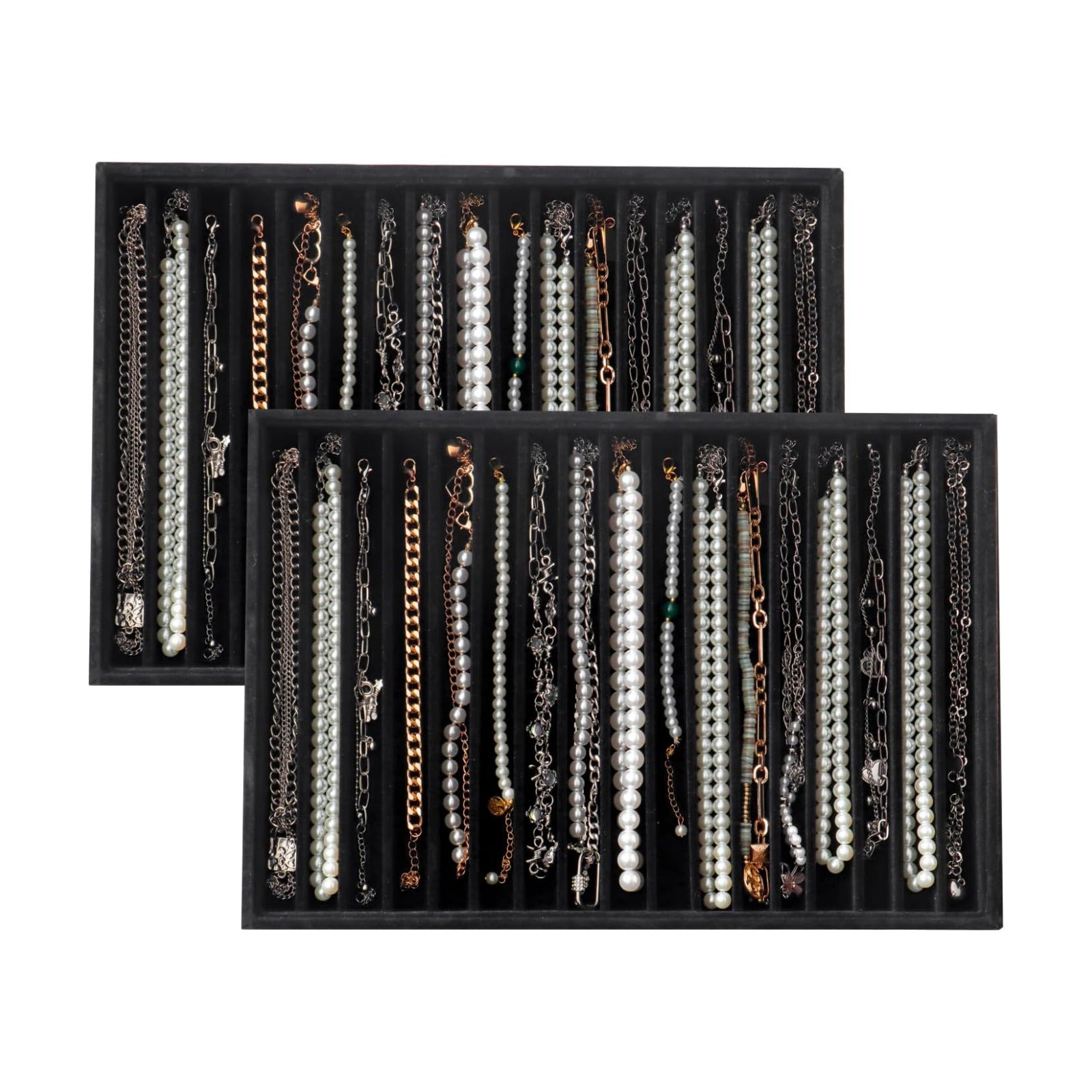 Large Velvet Jewelry Tray Stackable Jewelry Display Drawer Inserts / Black / 16 Grids / Set of 2