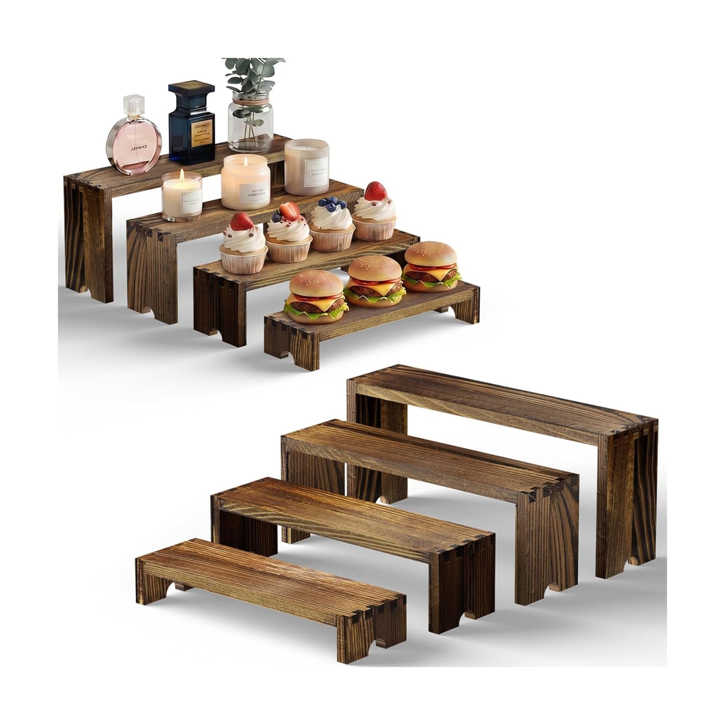Wood Risers Tiered Display Stands Wooden Cupcake Stand Small Perfume Organizer / Brown / Set of 2