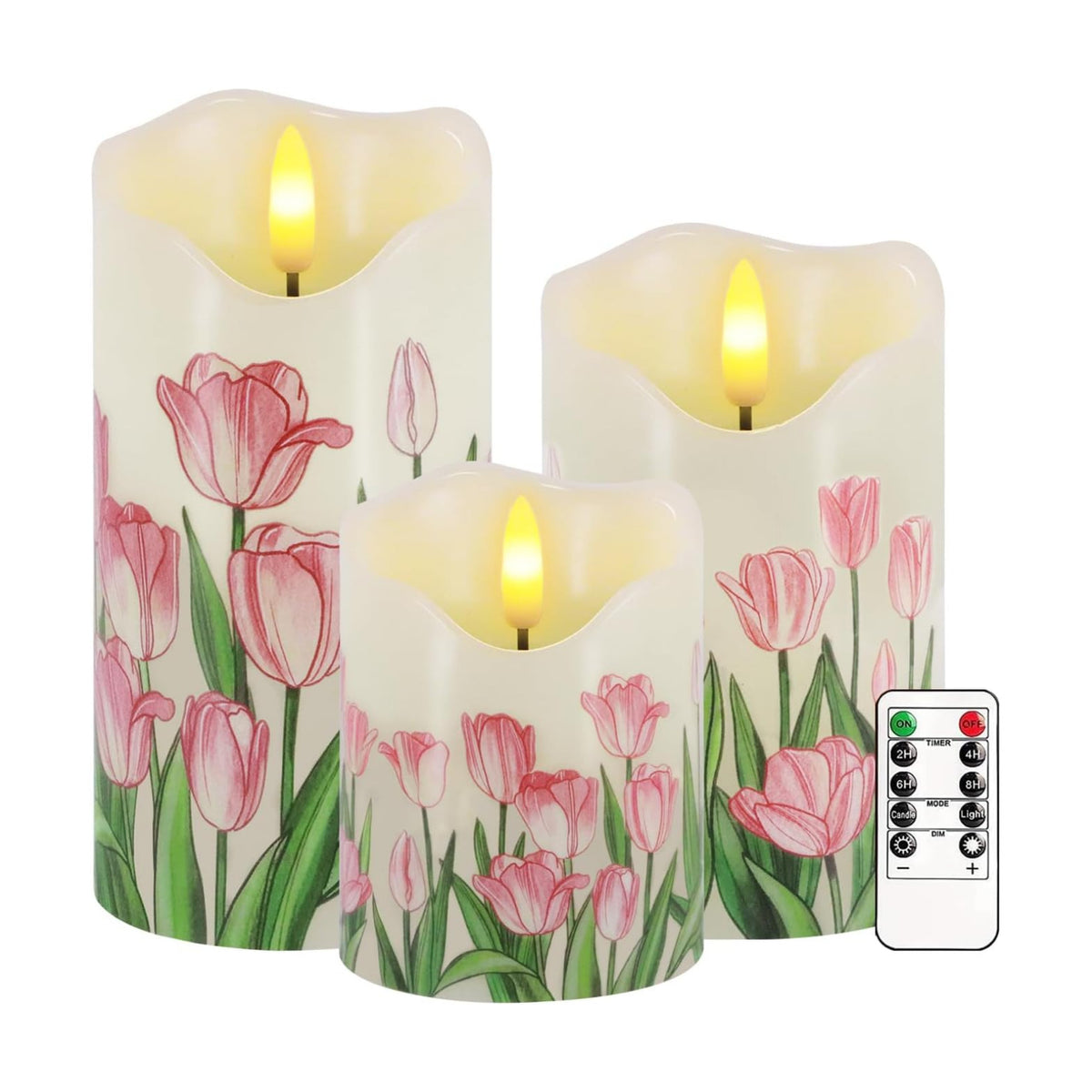 Tulip Flameless Candles Set of 3, Spring LED Candles with Remote & Timer | Flickering Real Wax Pillar Candles Battery
