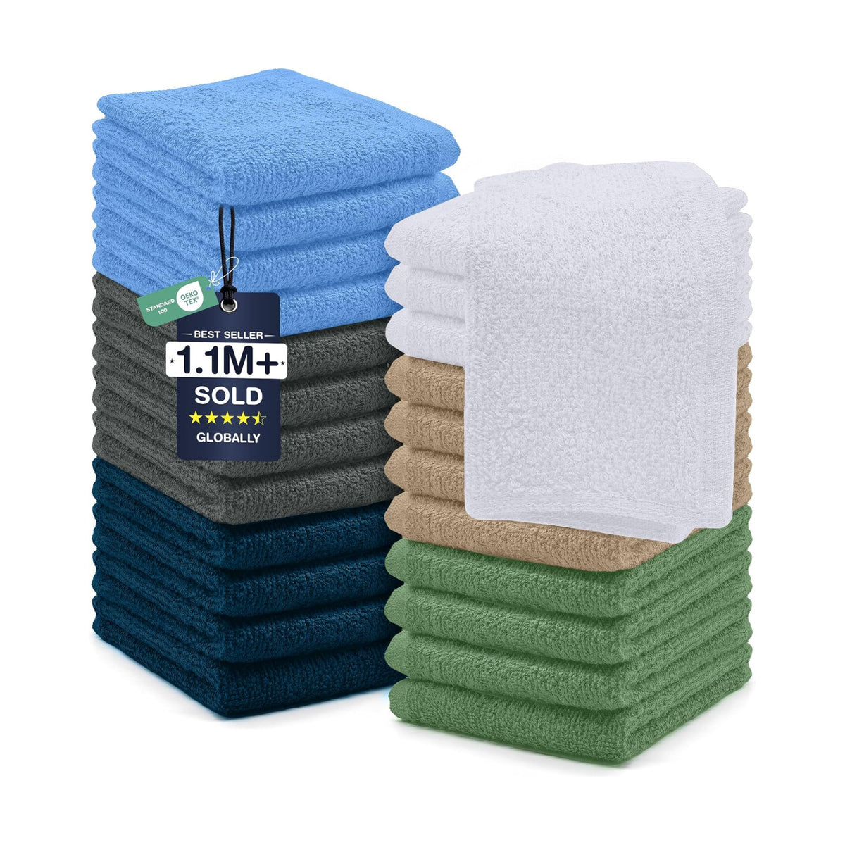 DAN RIVER 24 Pack Cotton Wash Cloths Set for Showering [12x12] Assortment 5 | Lighter Weight, Quick to Dry, Super Soft