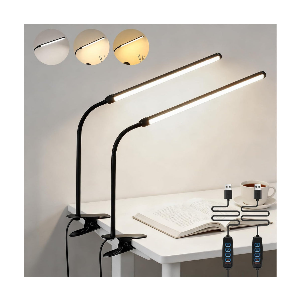 2 Pack LED Desk Lamp with Clamp,Eye-Friendly Clip on Lights for Home Office Study Reading,3 Modes 10 Brightness,Long