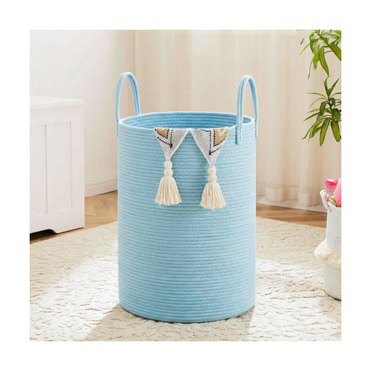 Laundry Basket / Woven Cotton Rope Laundry Hamper / Blue / 60L