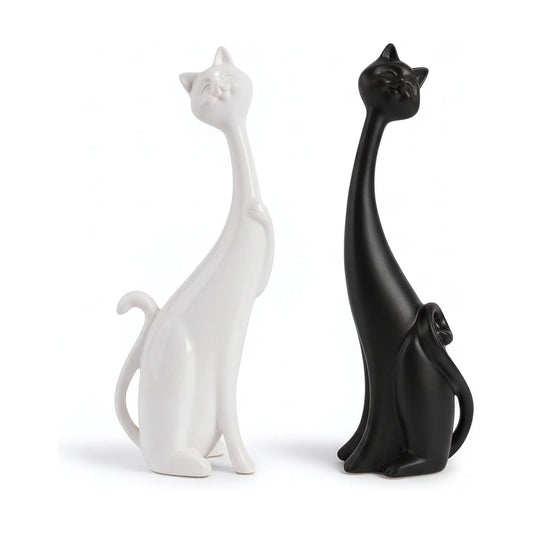 Resin Cat Figurines / 1 Black + 1 White / Set of 2