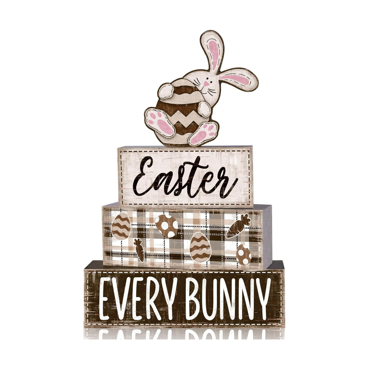 DIYDEC 4Pcs Easter Tabletop Decorations Rabbit Wooden Block Signs Bunny Tiered Tray Decor Happy Easter Centerpiece Farmhouse Wood Bunny Table Sign for Kitchen Home Office Party Decor