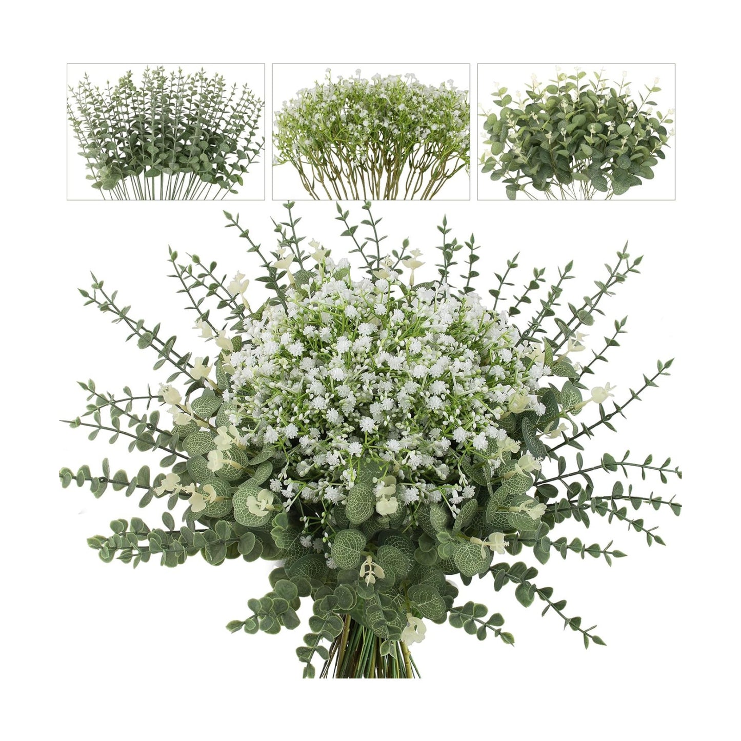 Baby Breath Artificial Flowers Bulk and Eucalyptus Leaves / Green and White / Set of 100