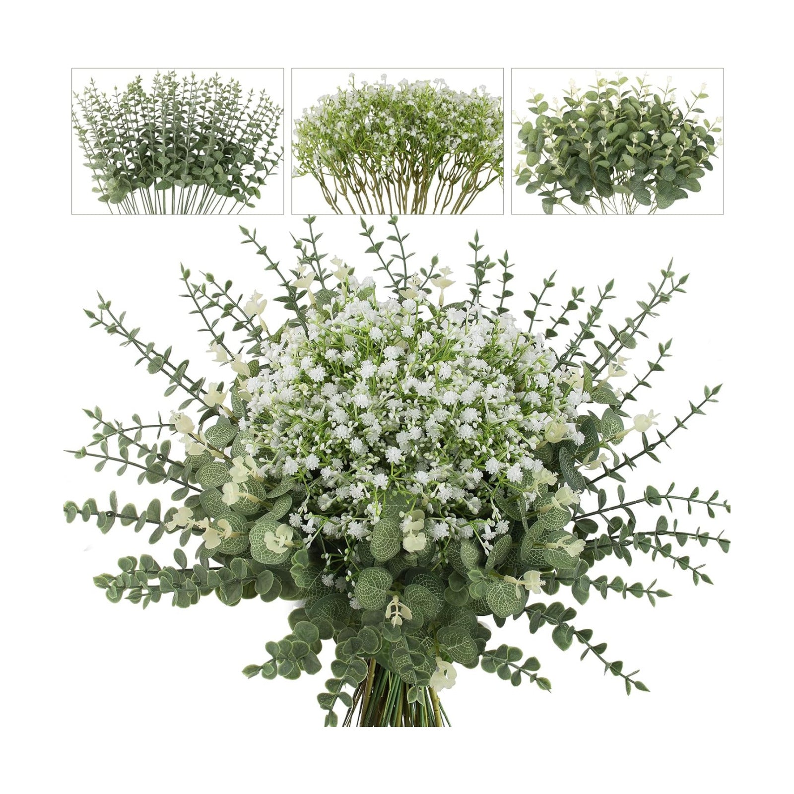 Baby Breath Artificial Flowers Bulk and Eucalyptus Leaves / Green and White / Set of 100