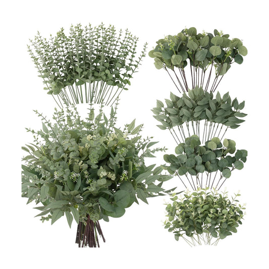5 Kinds of Faux GreeneryEucalyptus Leaves Bulk for Vase Wedding / Green / Set of 130