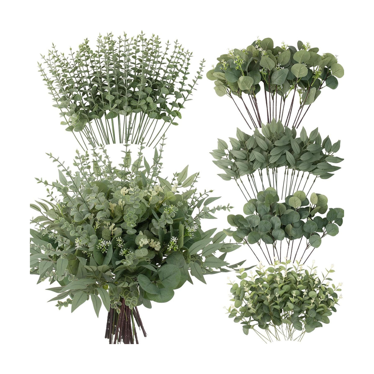 lovemoon 260 Pcs Artificial Mixed Eucalyptus Stems Bulk, 5 Kinds of Faux Greenery Eucalyptus Leaves Bulk for Vase Wedding DIY Bouquets Floral Arrangement Home Decor (260, Green)