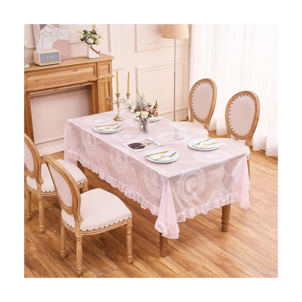 Pink Lace Tablecloth Vintage Table Cloth (Pink,55”x70”,Rectangular)