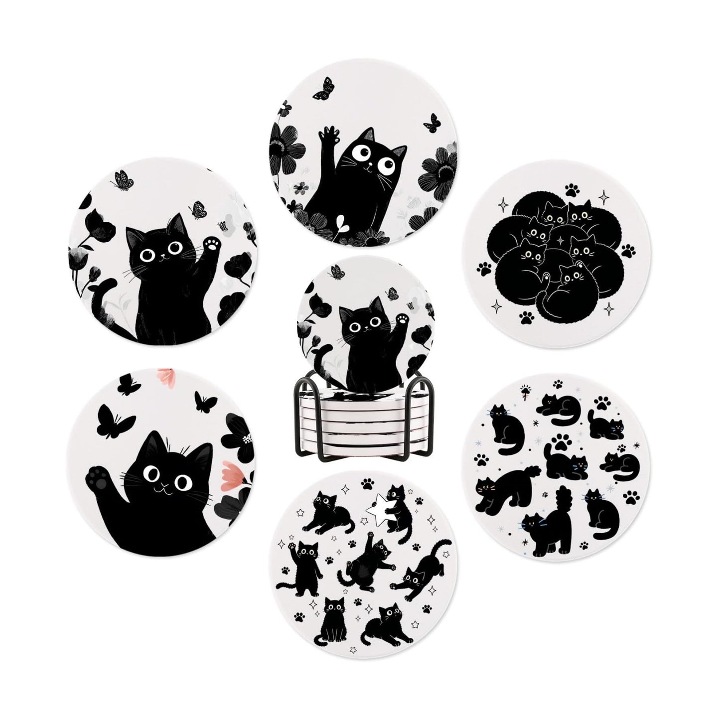 Flowers Ceramic Absorbent Coasters / Black Cat / Set of 6