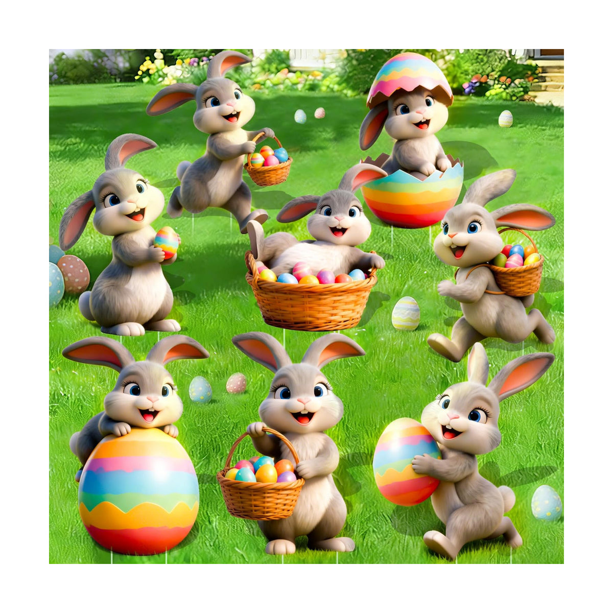 8 Pcs Easter Yard Signs with Stakes, Large Outdoor Easter Bunny Decorations in 8 Styles Featuring Cute Rabbits and Eggs, Sturdy and Waterproof Bunny Yard Lawn Garden Decor for Easter Party