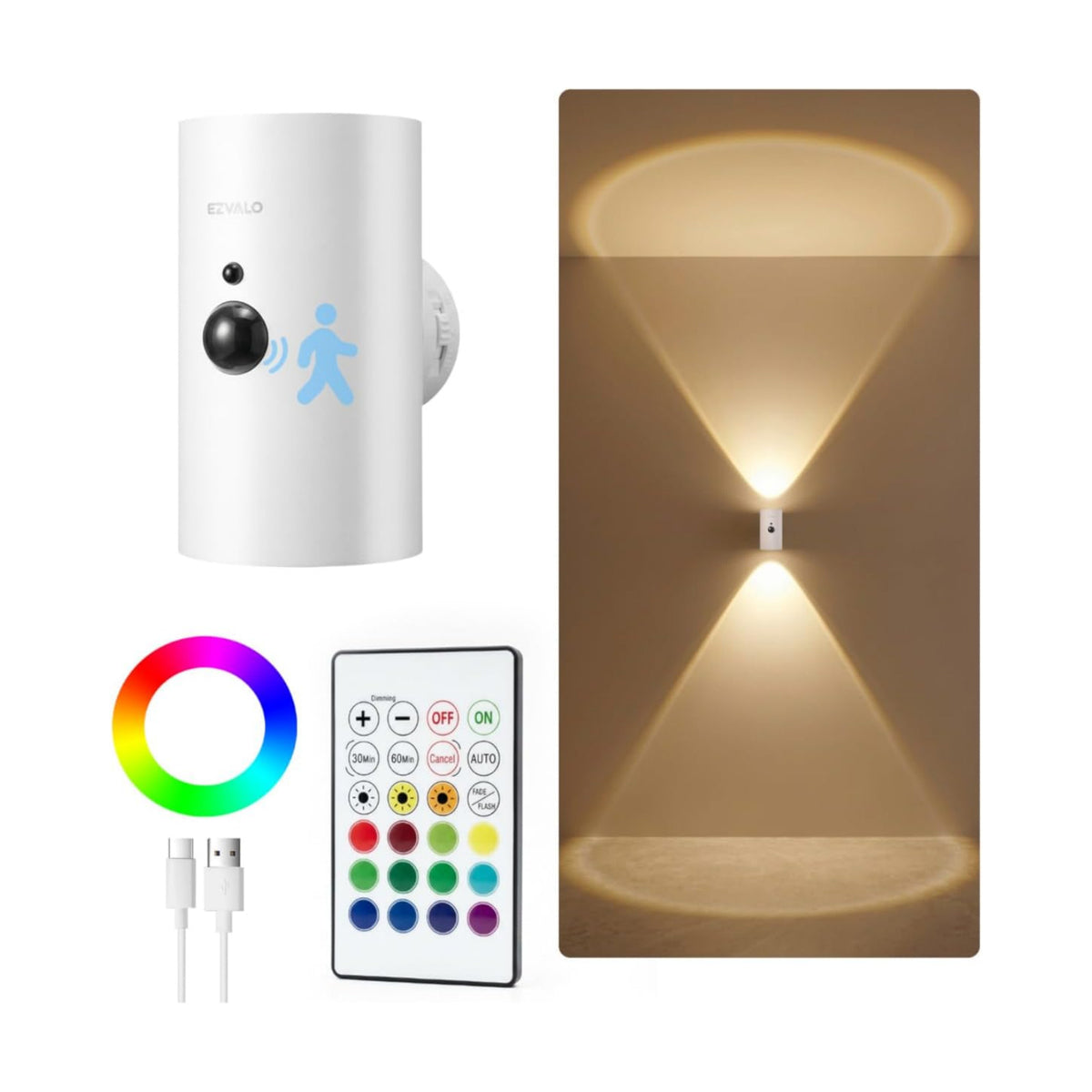 EZVALO Battery Operated Wall Sconce with Motion Sensor, 4000mAh Rechargeable Wall Light, 3 Color Temperatures & 12 RGB