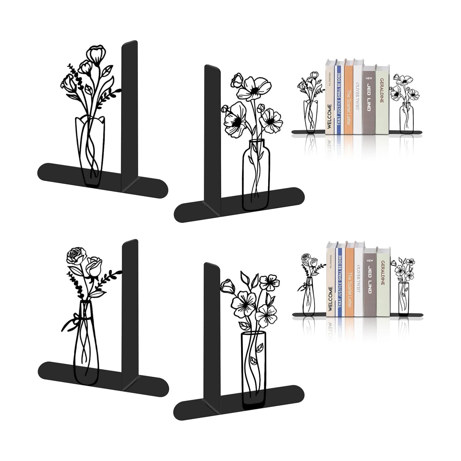 Floral Metal Bookends / Flower / Set of 4