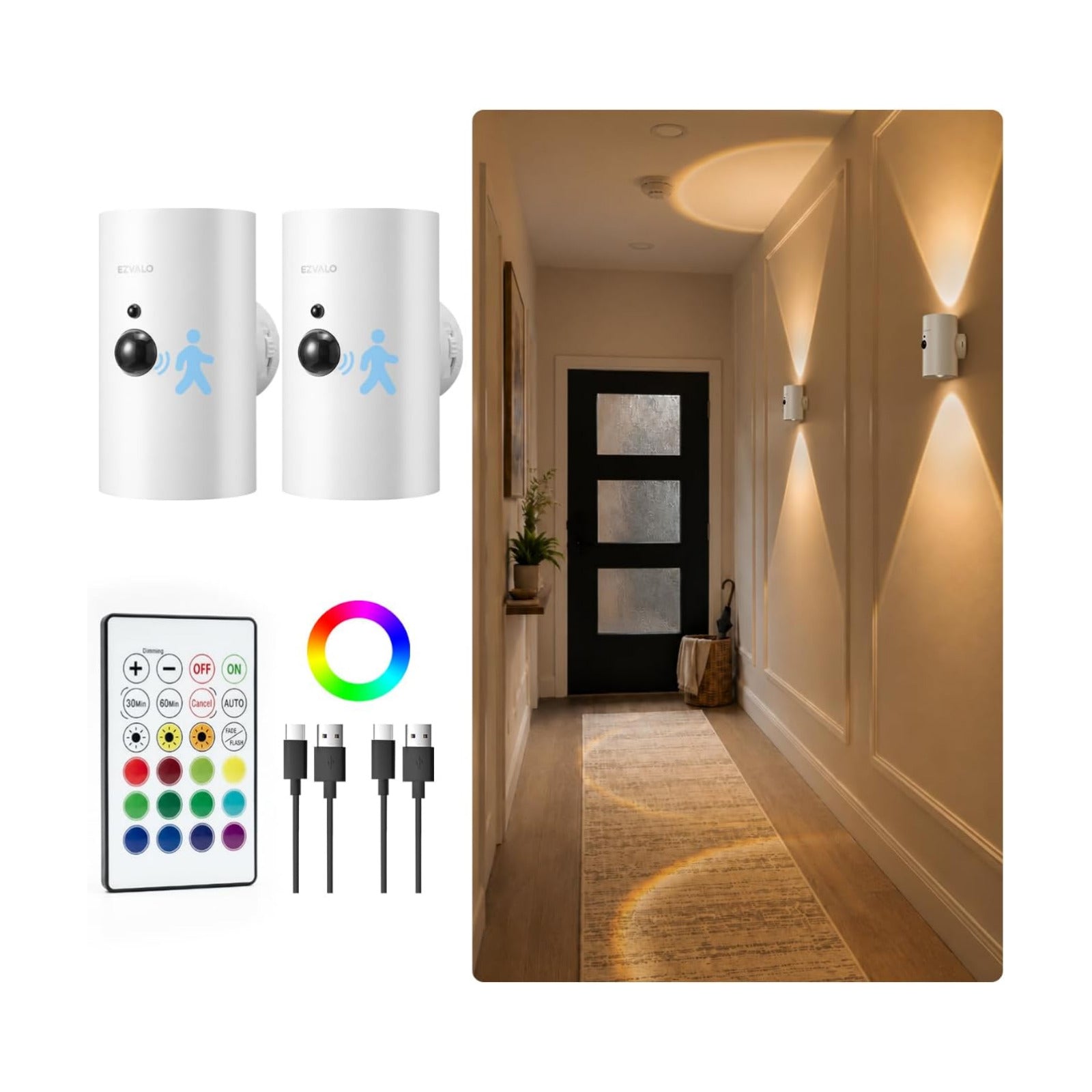 EZVALO Motion Sensor Wall Sconces, Battery Operated Wall Lights with 4000mAh Rechargeable Battery, 3 CCT & 12 RGB