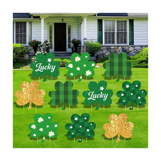 10 Pcs St Patrick's Day Decorations Outdoor, St Patricks Day Decorations Yard Signs with Stakes, Large Green and Gold Clover Signs for Irish-Themed Party Favor, Shamrock Decor for Yard Lawn Garden