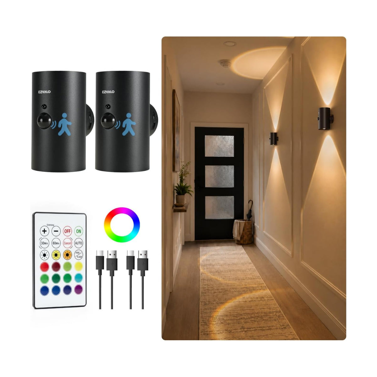 EZVALO Motion Sensor Wall Light, Rechargeable Wireless LED Sconce | 3CCT & RGB, No Drill Mount, Remote, Dimmable