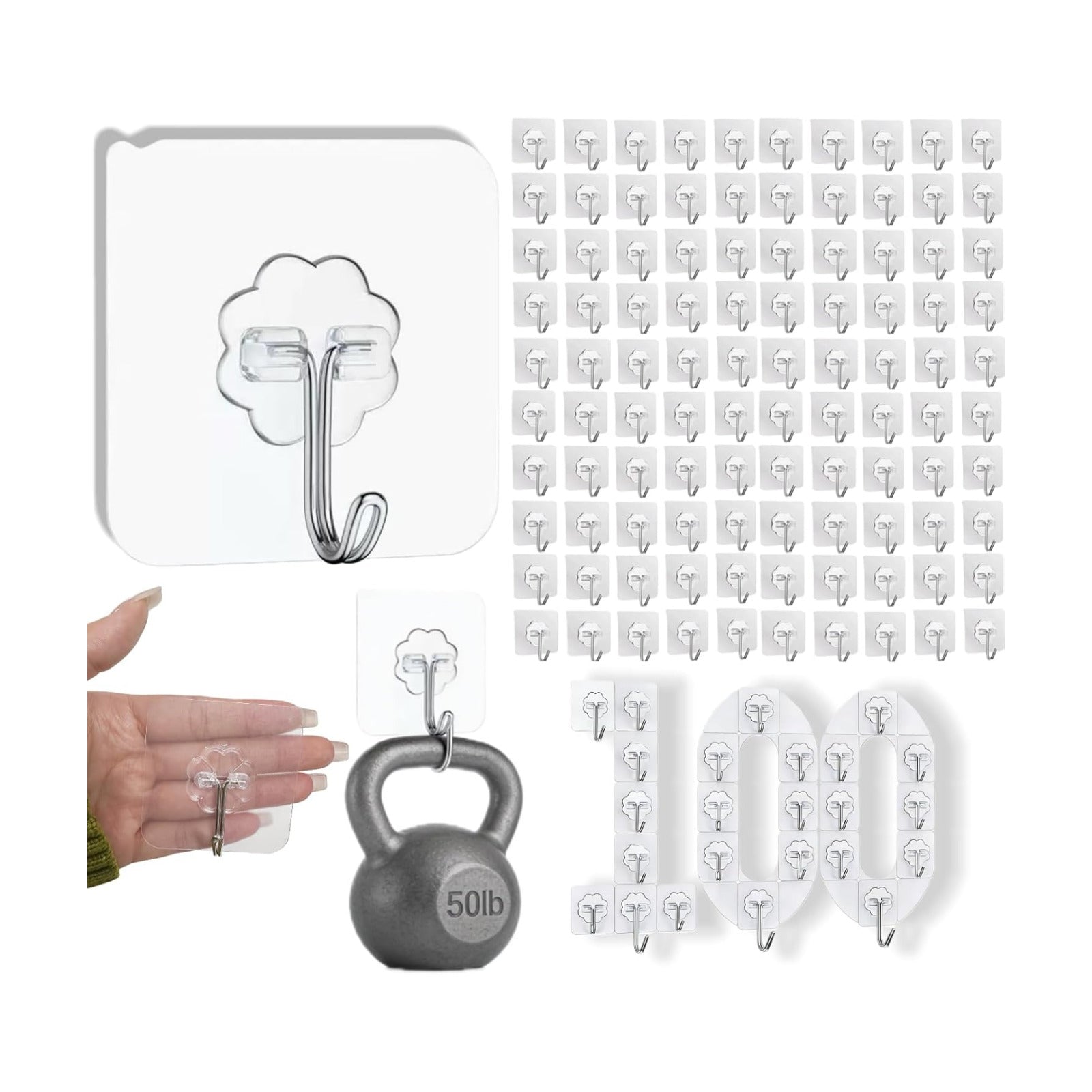 DDMY 100 Pack Heavy Duty Self Adhesive Hooks 50 lbs Transparent Reusable Sticky Wall Hooks for Hanging Waterproof
