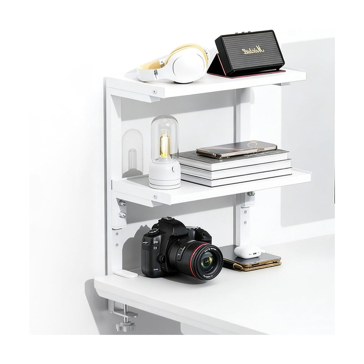 Spacrea Clamp on Desk Shelf, 2 Tier Office Desk Shelves Organizer, Wood Desktop Supplies Storage Rack, Desk Organizers