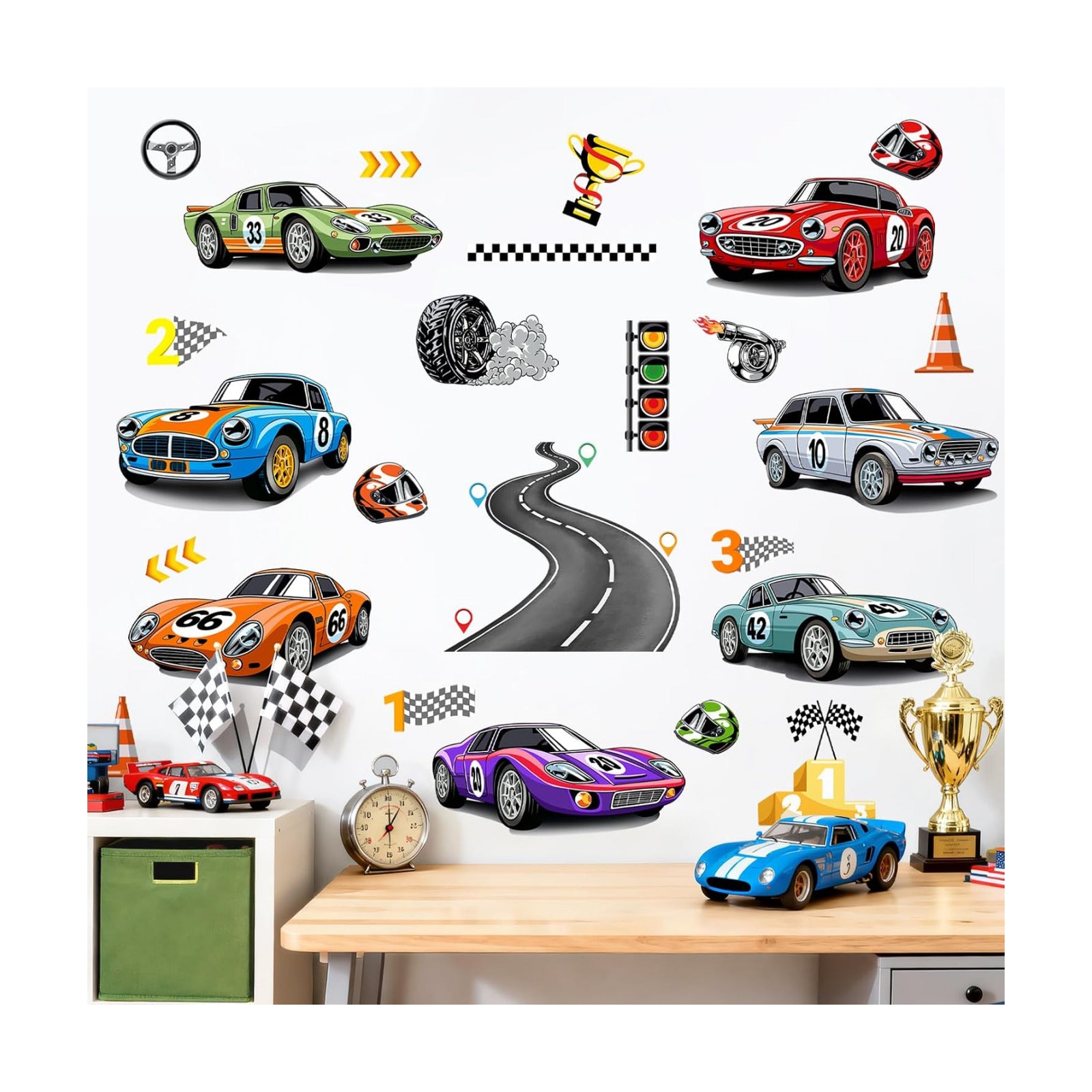 Racing Car Wall Decals Roads Vehicles Wall Stickers Vinyl Removable Wall Art for Boys Bedroom Kids