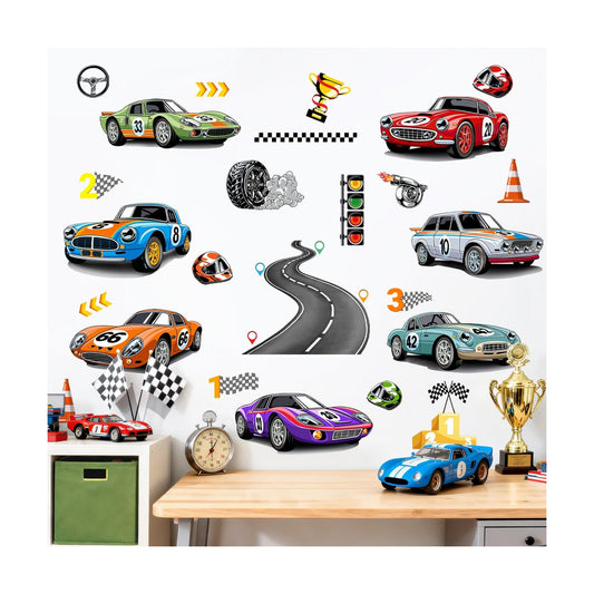 Racing Car Wall Decals Roads Vehicles Wall Stickers Vinyl Removable Wall Art for Boys Bedroom Kids