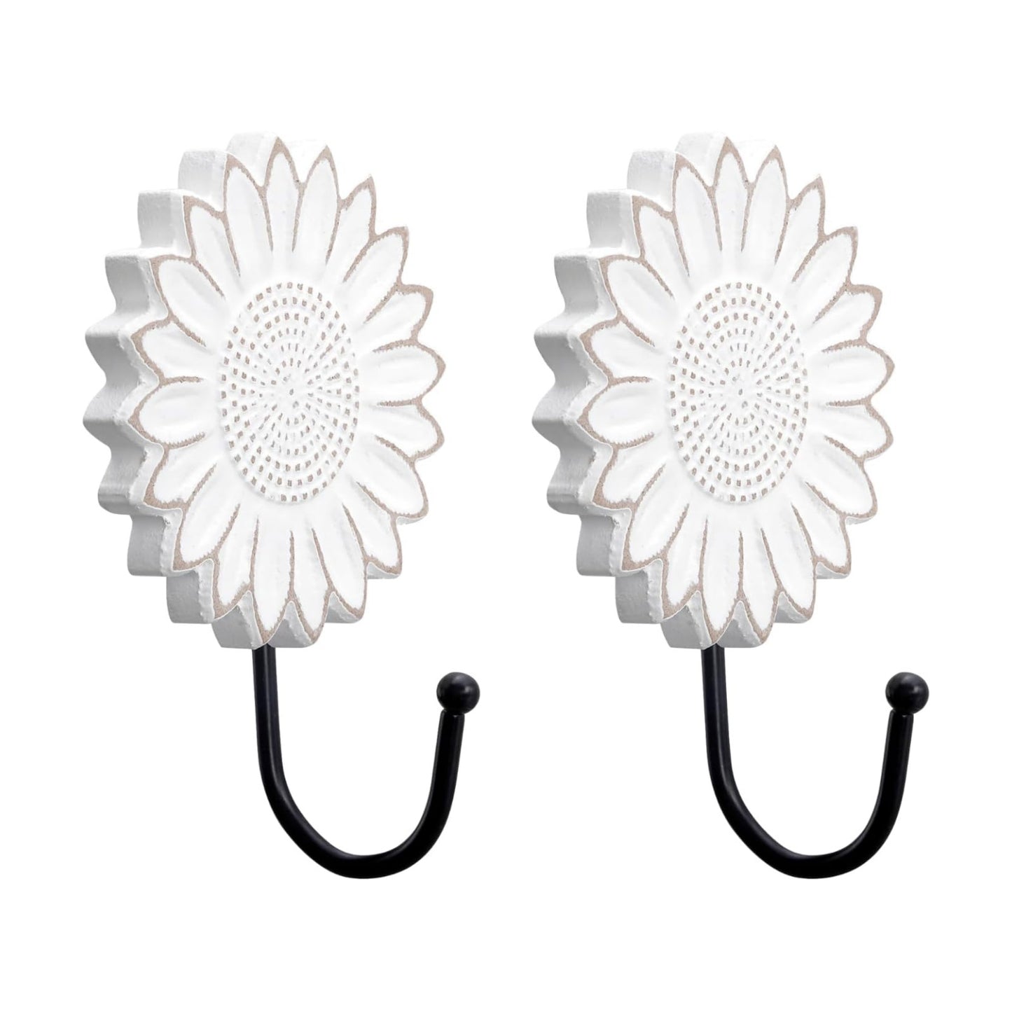 Rustic Wooden Sunflower Wall Hooks / White / Set of 2