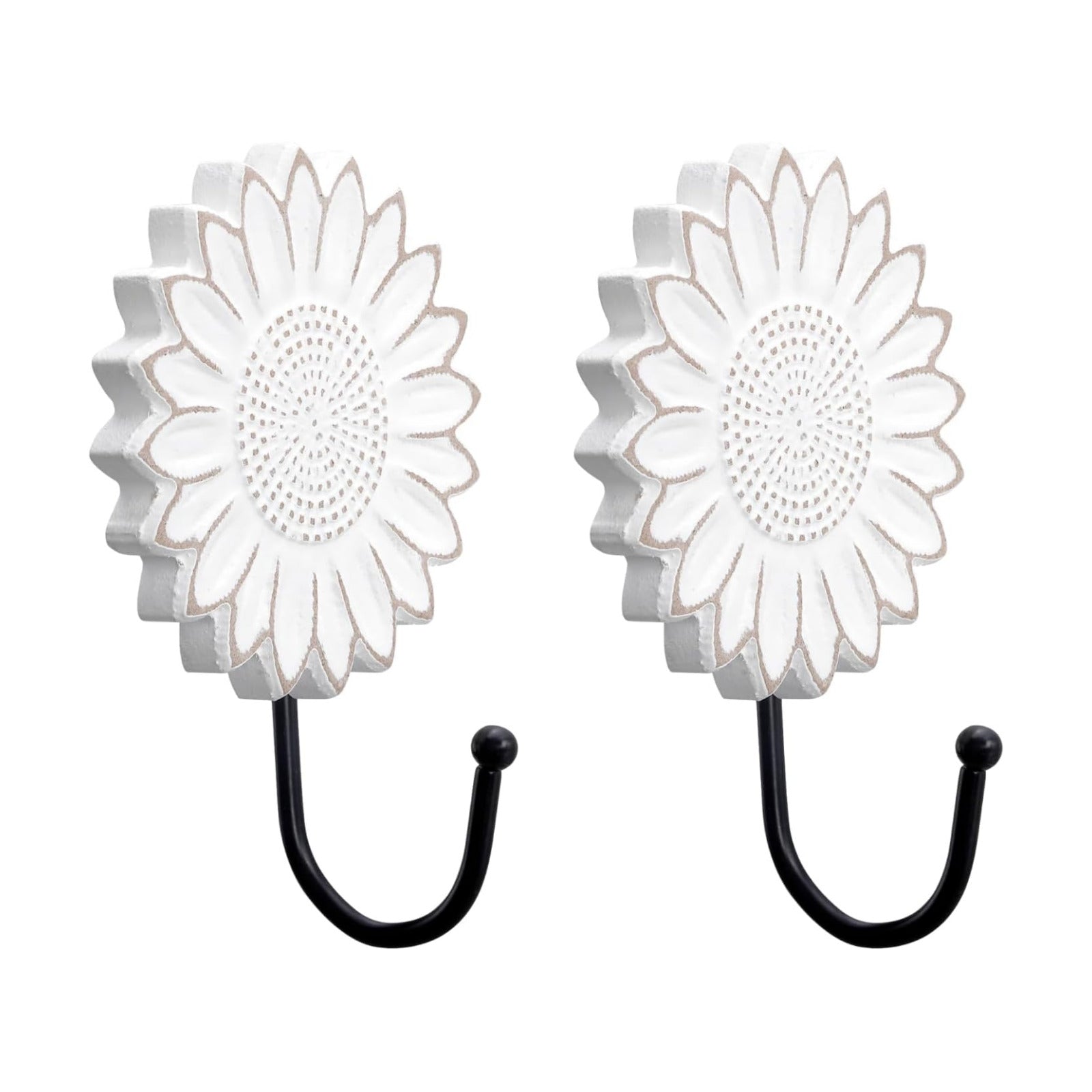 Rustic Wooden Sunflower Wall Hooks / White / Set of 2