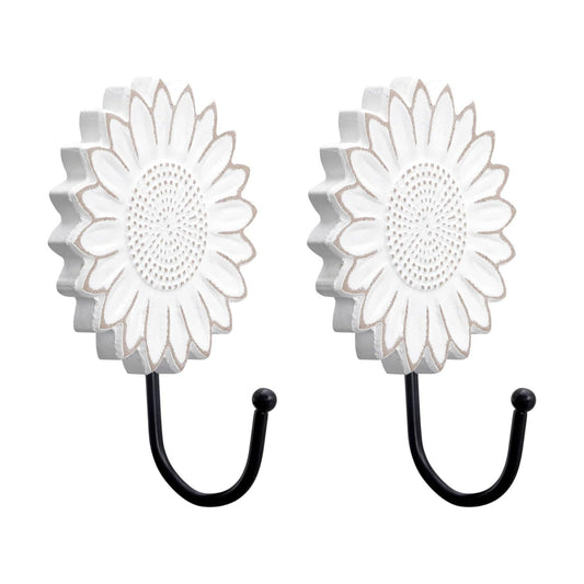 Rustic Wooden Sunflower Wall Hooks / White / Set of 2