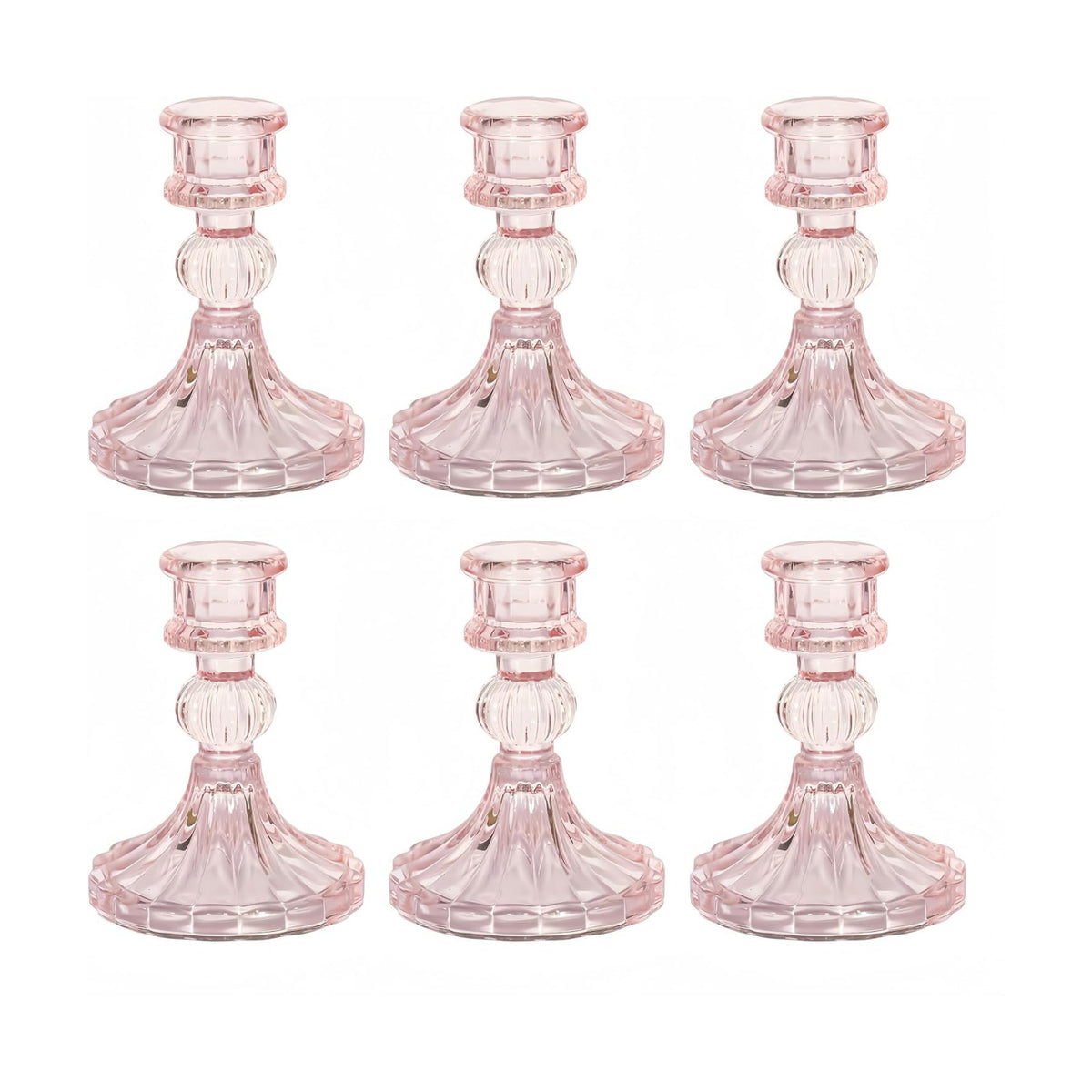 Pink Glass Candlestick Holders, Taper Candle Holders, Set of 6