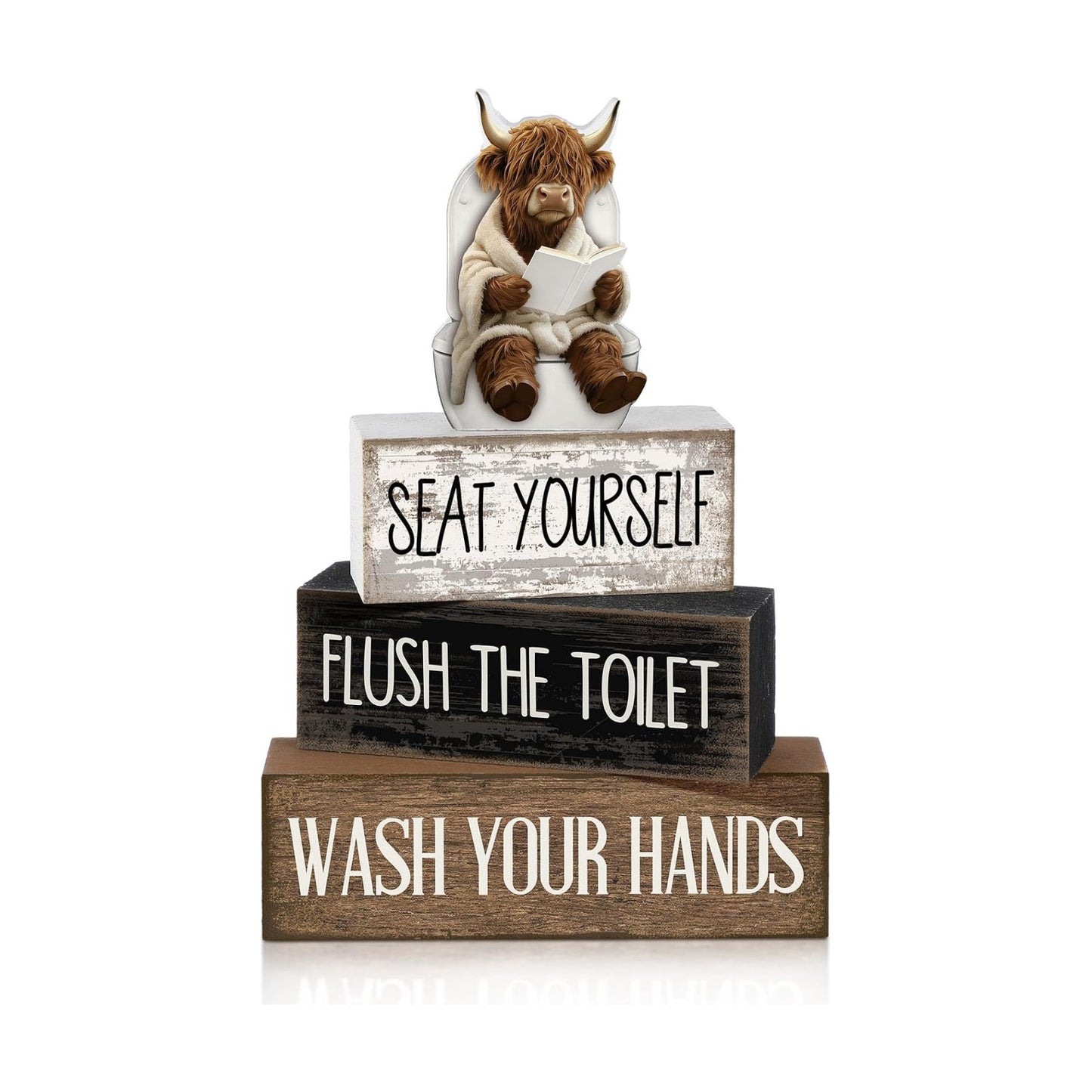 Moucuny 4 Pcs Highland Cow Bathroom Decor Funny Wooden Signs Farmhouse