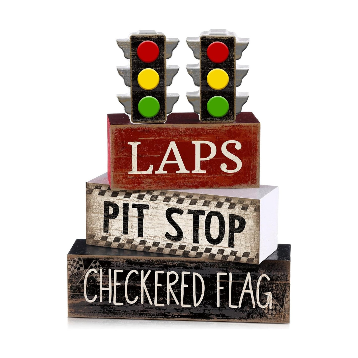 Lineshading 4 Pcs Race Car Wooden Tiered Tray Decor Tabletop Block Signs